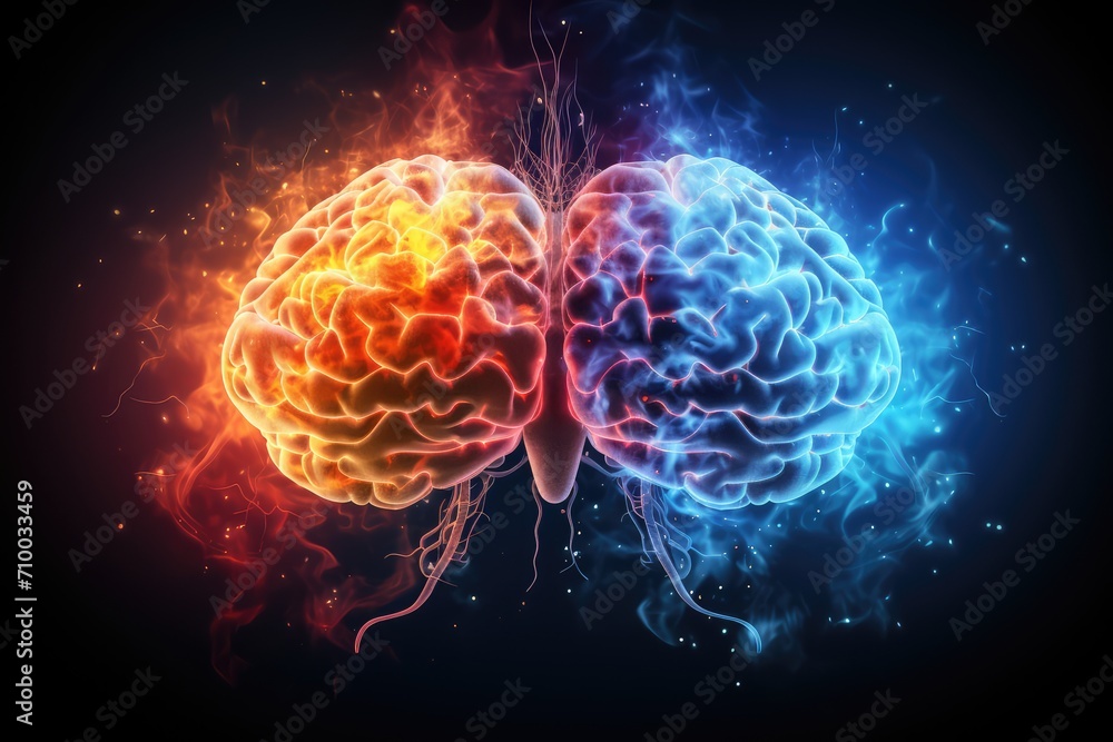 Illustration in neurology studies brain function and cognitive abilities. Colorful cognitive neuroscience neural pathways. Vivid Motley Colored brain human mind anatomy enhances cognition research. Illustration in neurology studies brain function and cognitive abilities. Colorful cognitive neuroscience neural pathways. Vivid Motley Colored brain human mind anatomy enhances cognition research.