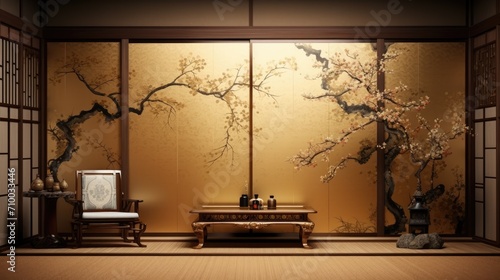 Vintage Japanese room. Traditional high class Japanese style room with painting walls