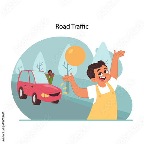 Traffic awareness for children. Joyful boy playing with ball near moving car, driver yelling at child trying to get noticed. Reminder of importance of road safety education. Flat vector illustration