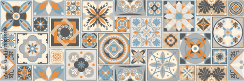 Collection of ceramic tiles in Turkish style. Seamless colorful patchwork of Azulejo tiles. Portuguese and Spanish decor. Islam, Arabic, Indian, Ottoman motif. Vector hand drawn background © andrei