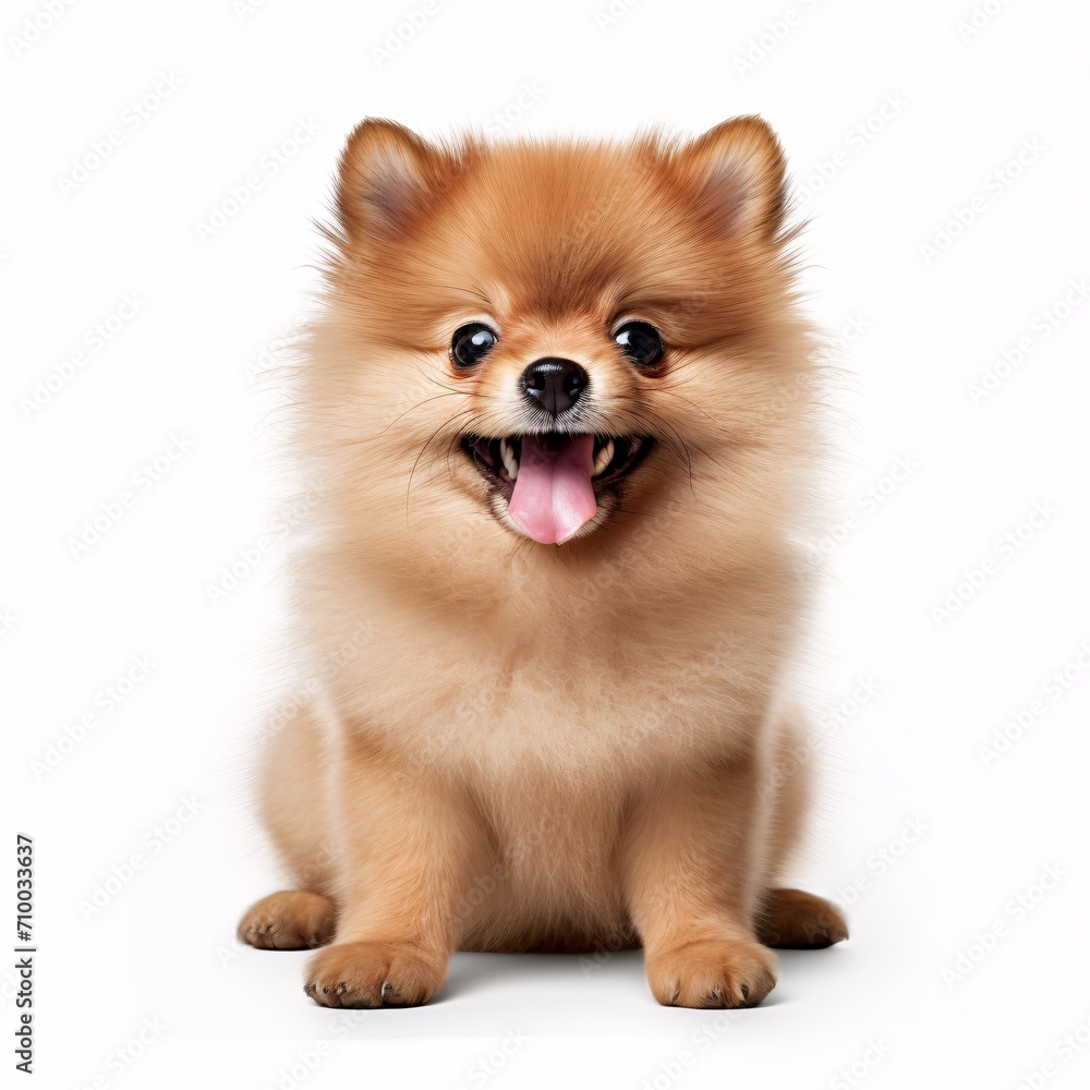 pomeranian puppy sitting on white background, light red and light brown pomeranian puppy sitting on white background, light red and light brown