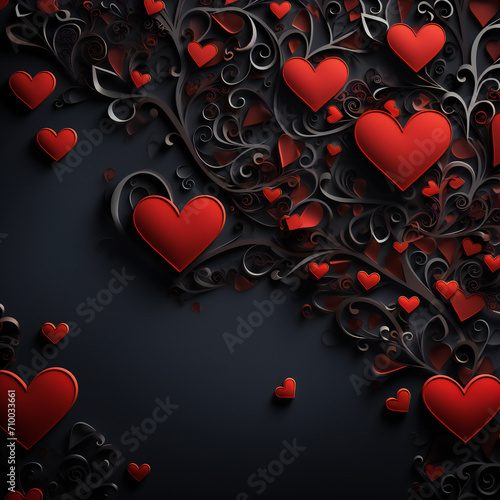 Beautiful valentines day background with red hearts on black background Generative AI