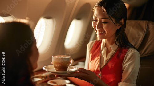 Flight attendant offers coffee to passenger photo