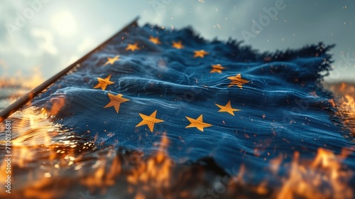 The flag of the European Union burns in the wind. Generative AI. © visoot