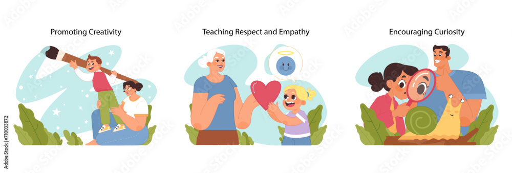 Obraz premium Child development set. Kids improving creativity and emotional intelligence. Learning through play, love, and discovery. Fostering artistic expression, empathy, and curiosity. Flat vector illustration