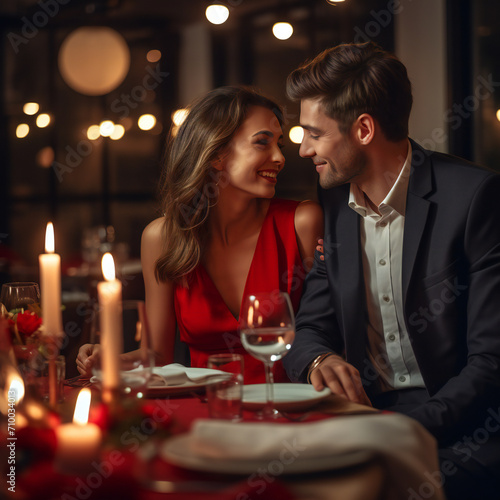 Beautiful loving couple is spending time together in modern restaurant. Attractive young woman in dress and handsome man in suit are having romantic dinner. Celebrating Saint Valentine's Day