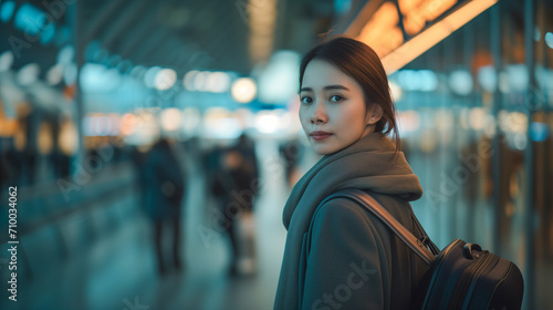 Portrait of an Asian Young Woman with Suitcase, Striding Through the Airport with Travel Elegance