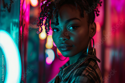 Beautiful young African American girl looking at camera against neon lights background