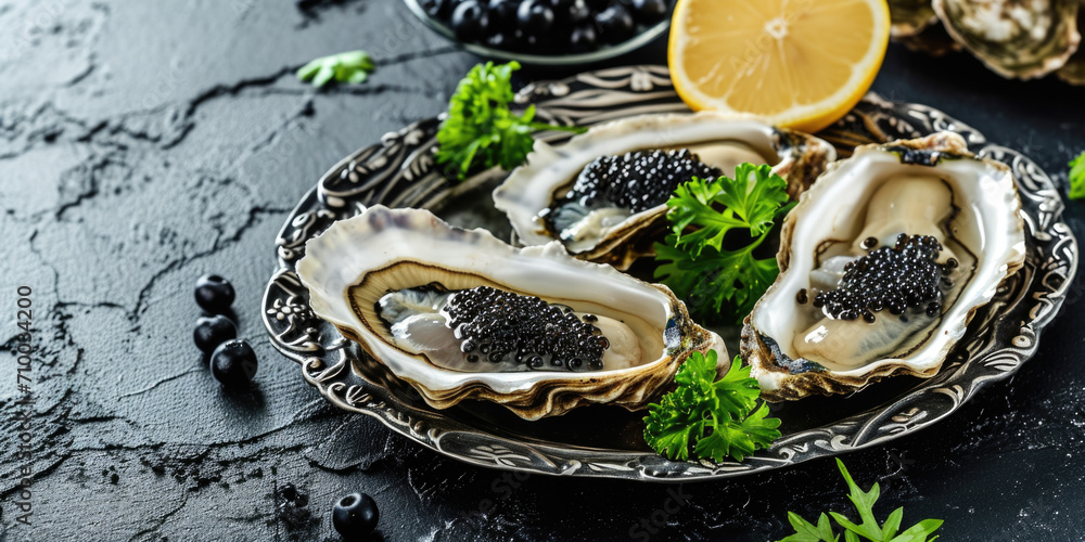 Elegant Plate of Fresh Oysters with Black Caviar on a Dark Slate Background Elegant Plate of Fresh Oysters with Black Caviar on a Dark Slate Background