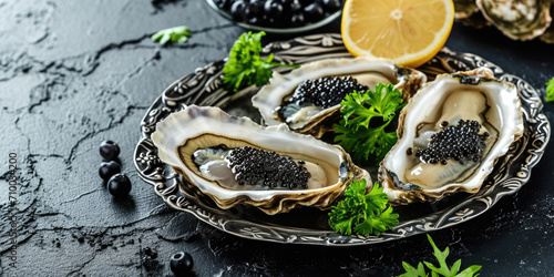 Elegant Plate of Fresh Oysters with Black Caviar on a Dark Slate Background