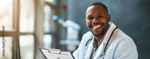 Portrait of a smiling young male doctor taking important notes of a patient's treatment 