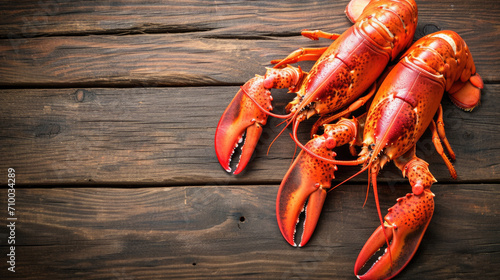 Three Cooked Lobsters on Rustic Dark Wooden Background, Seafood Delicacy