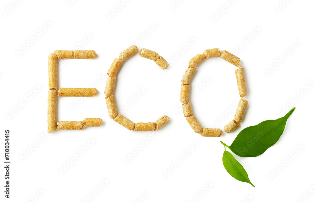 Wood pellets formed in word 'ECO' isolated on white background Wood pellets formed in word 'ECO' isolated on white background