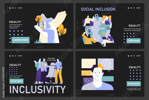 Social equity web or landing set. Civil society teamwork, environmental activism, and community engagement for better future and equal opportunities. Diversity and inclusion. Flat vector illustration
