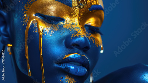 Artistic Close-Up Portrait of a Woman with Blue and Gold Facial Art © romanets_v