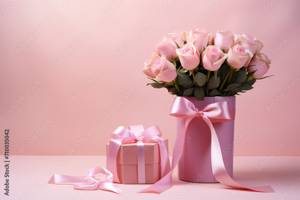 Obraz premium Beautiful bouquet flowers pink roses in vase and gift box with satin bow on pastel pink background table. Birthday, Wedding, Mother's Day, Valentine's day, Women's Day. Front view Generative AI