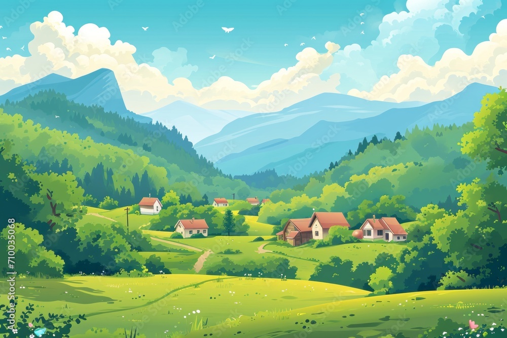 Illustration of a landscape with mountains, sky and village houses