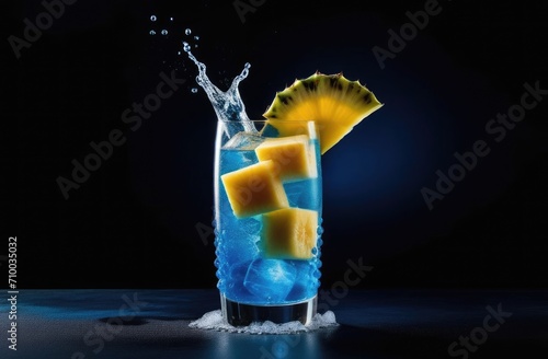 alcoholic and non-alcoholic cocktail blue lagoon with ice, blue hawaii, cocktail with lemon and pineapple, summer refreshing cocktail