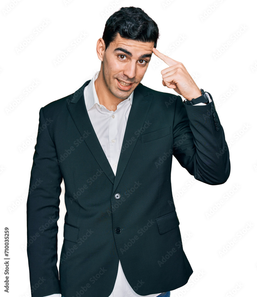 Handsome hispanic man wearing business clothes smiling pointing to head with one finger, great idea or thought, good memory Handsome hispanic man wearing business clothes smiling pointing to head with one finger, great idea or thought, good memory