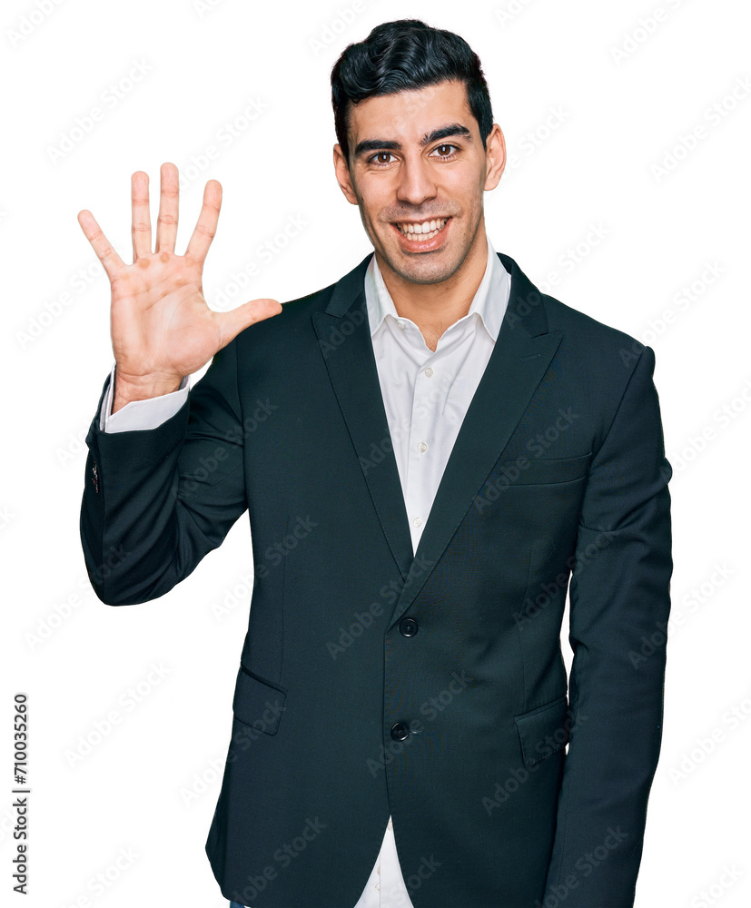 Handsome hispanic man wearing business clothes showing and pointing up with fingers number five while smiling confident and happy. Handsome hispanic man wearing business clothes showing and pointing up with fingers number five while smiling confident and happy.