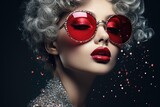 Sexy woman with curly hair and wearing sunglasses on blurred background with lights and confetti. Girl in pin up style. Retro fashion. Party or vacation concept 