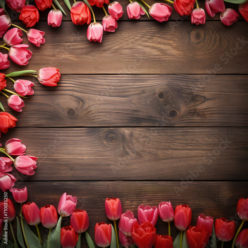 Red flowers with red hearts on old wooden background with place for text. Romantic Valentines holidays concept. Valentine's day greeting card. Copy space. Top view. Generative AI