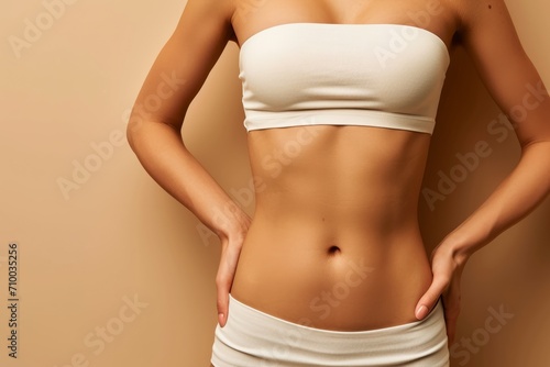 Young woman with flat belly on beige background, closeup. Plastic surgery concept © Denis