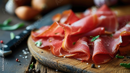 Thinly sliced ham and knife. Generative AI. photo