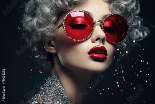 Sexy woman with curly hair and wearing sunglasses on blurred background with lights and confetti. Girl in pin up style. Retro fashion. Party or vacation concept  photo