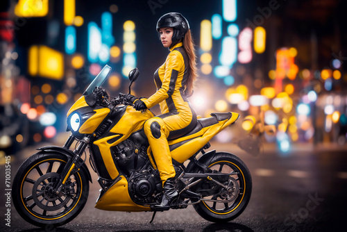 Caucasian woman riding leather-lined motorcycle wearing yellow suit  black boots and helmet full body protective gear among coloured lights in city at night  generative AI
