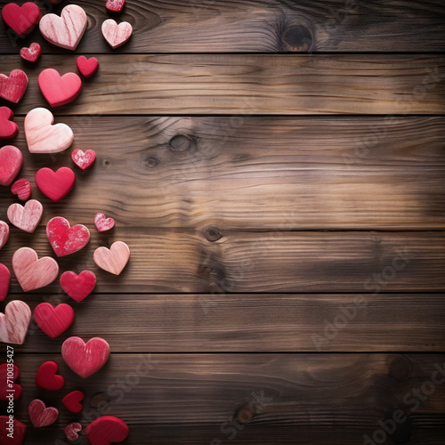 Red flowers with red hearts on old wooden background with place for text. Romantic Valentines holidays concept. Valentine's day greeting card. Copy space. Top view. Generative AI