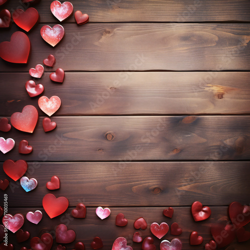 Red flowers with red hearts on old wooden background with place for text. Romantic Valentines holidays concept. Valentine's day greeting card. Copy space. Top view. Generative AI