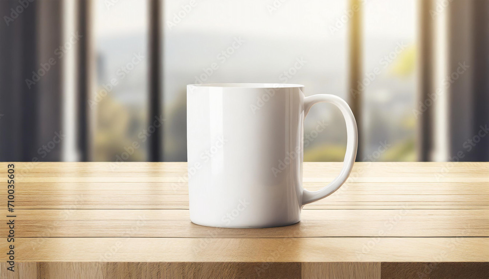 Blank white mug on wooden table. Generative AI Blank white mug on wooden table. Generative AI