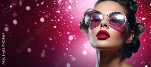 Sexy woman with curly hair and wearing sunglasses on blurred background with lights and confetti. Girl in pin up style. Retro fashion. Party or vacation concept 