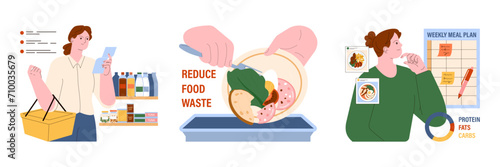 Leftovers set. Sustainable cooking, repurpose nextovers to reduce food waste. Correct meal storage, freezing and canning. Meal plan development and conscious consumption. Flat vector illustration
