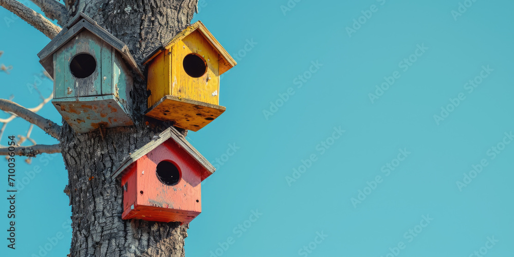 Colorful Birdhouses on Tree Trunk Against Clear Blue Sky Colorful Birdhouses on Tree Trunk Against Clear Blue Sky