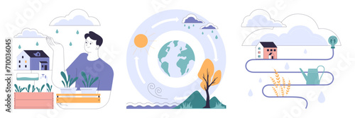Rainwater harvesting set. Sustainable practice of urban water preservation and its use in gardening and farming. Natural water cycle. Flat vector illustration