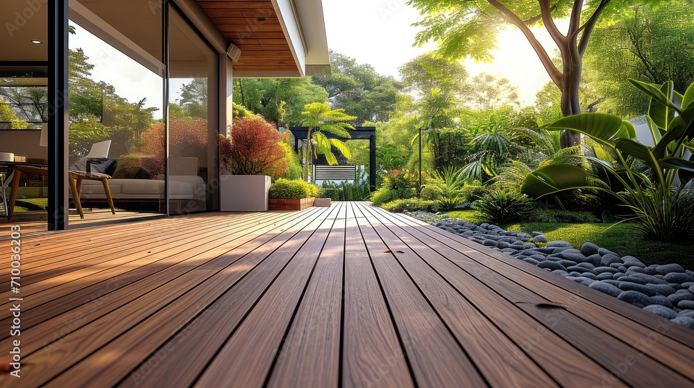 Modern house design with wooden patio, Low angle view of tropical hardwood decking. Generative AI.