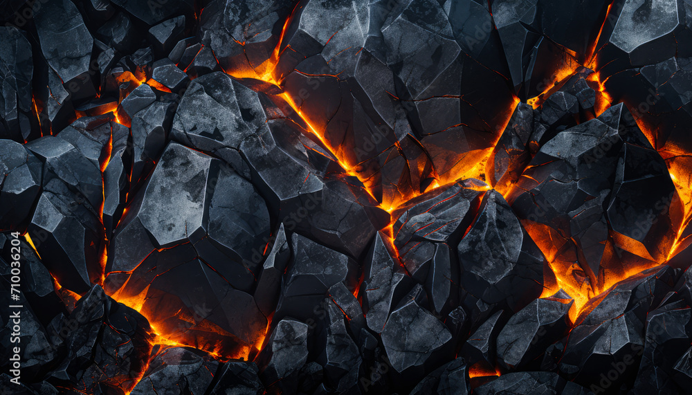 Molten rock glows and oozes through the cracks in a dark, volcanic landscape Molten rock glows and oozes through the cracks in a dark, volcanic landscape