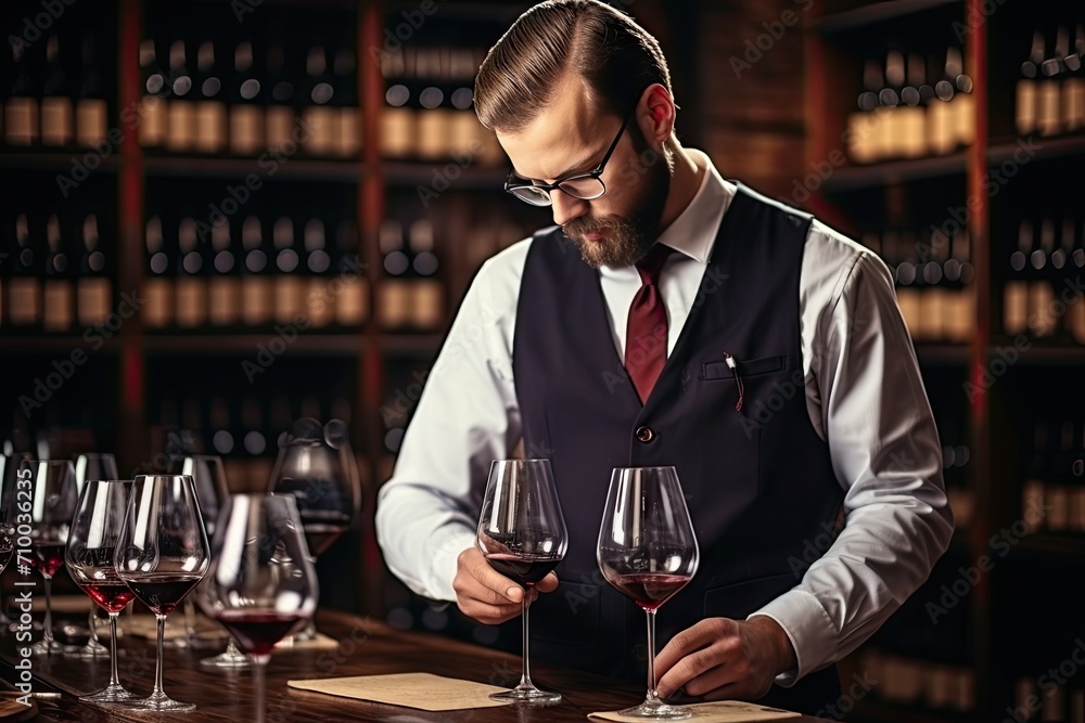 Sommelier Examining Red Wine in Glasses at an Elegant Wine Cellar