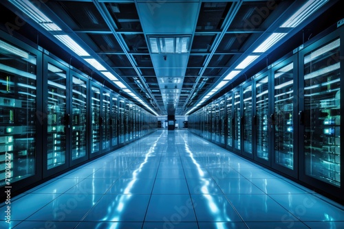 Futuristic Data Center with Server Racks in a High Tech Facility