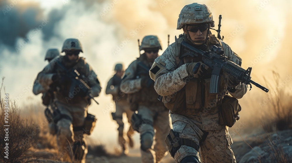 A group of soldiers doing military training. Generative AI. A group of soldiers doing military training. Generative AI.
