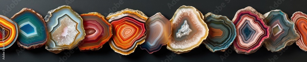 A banner with an array of colorful agate slices lined up showcasing their unique patterns and vibrant colors on a dark background. A banner with an array of colorful agate slices lined up showcasing their unique patterns and vibrant colors on a dark background.