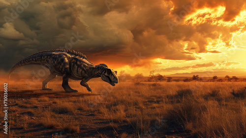 A dramatic scene depicting a Majungasaurus in a dry savanna during a fiery sunset, casting a powerful silhouette against the vibrant sky. © Ярослава Малашкевич
