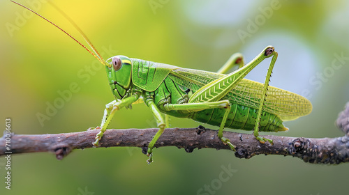 Vivid Close-Up of a Green Grasshopper on a Branch © romanets_v