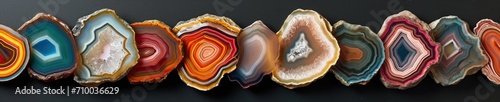 A banner with an array of colorful agate slices lined up showcasing their unique patterns and vibrant colors on a dark background.