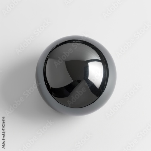 A sleek, metallic hematite sphere with a mirror-like finish reflects its surroundings on a white background, emphasizing its smooth, polished surface.