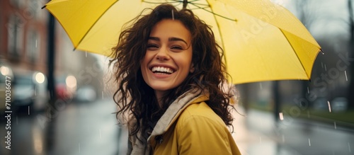 Smiling woman with yellow umbrella in the rain. photo