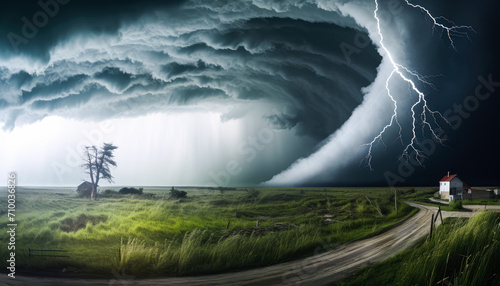Beautiful Landscape with Dramatic Storm Clouds and Lightning