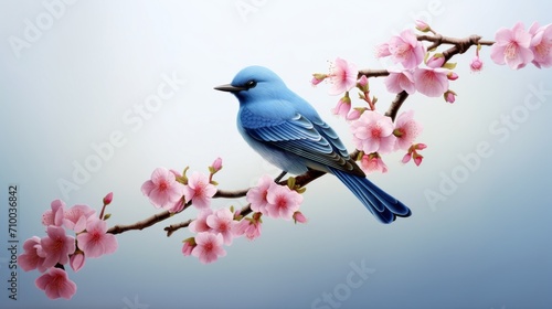 blue bird perching on a branch of flowers, in the style of hyper-realistic animal illustrations, precisionist art, mote kei, neogeo, made of rubber, wimmelbilder, nabis photo